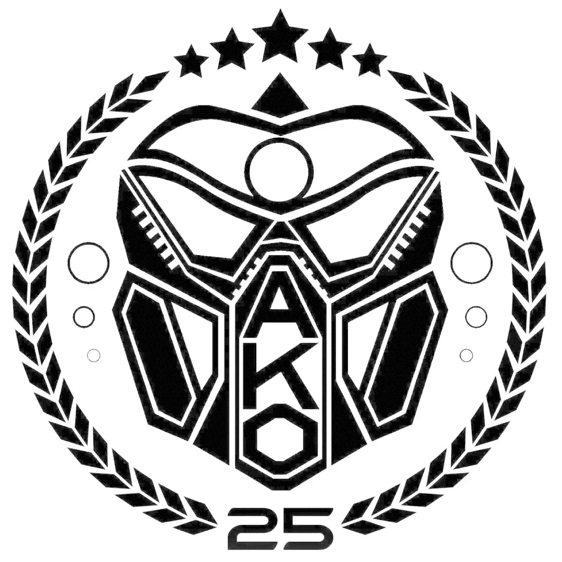 Black and white AKO 25th anniversary logo with geometric mask, stars, laurel wreath, and circles.