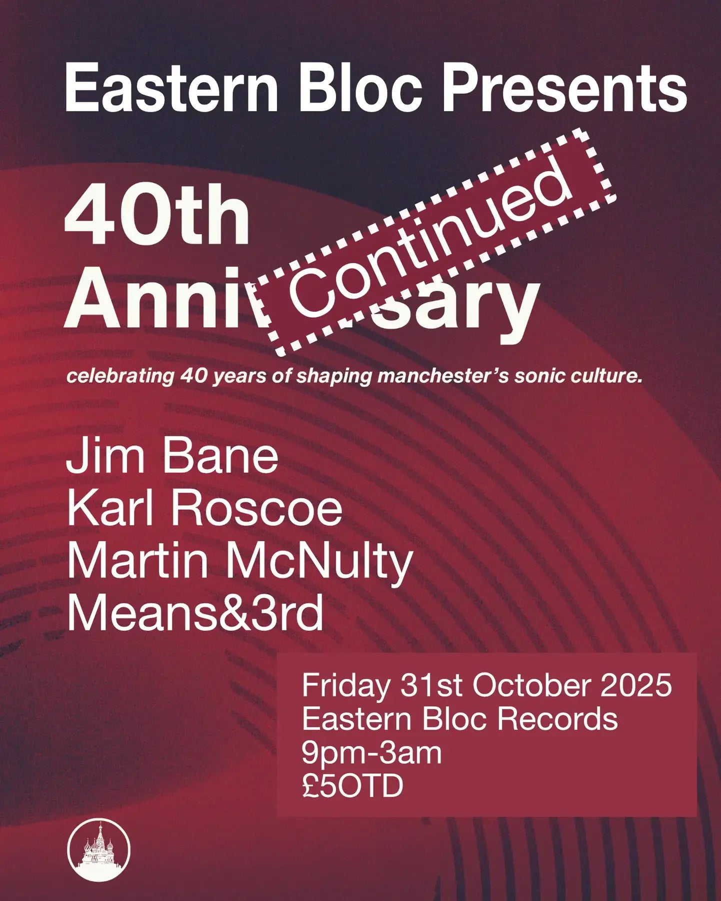 Eastern Bloc 40th anniversary event poster with artist lineup and event date details.