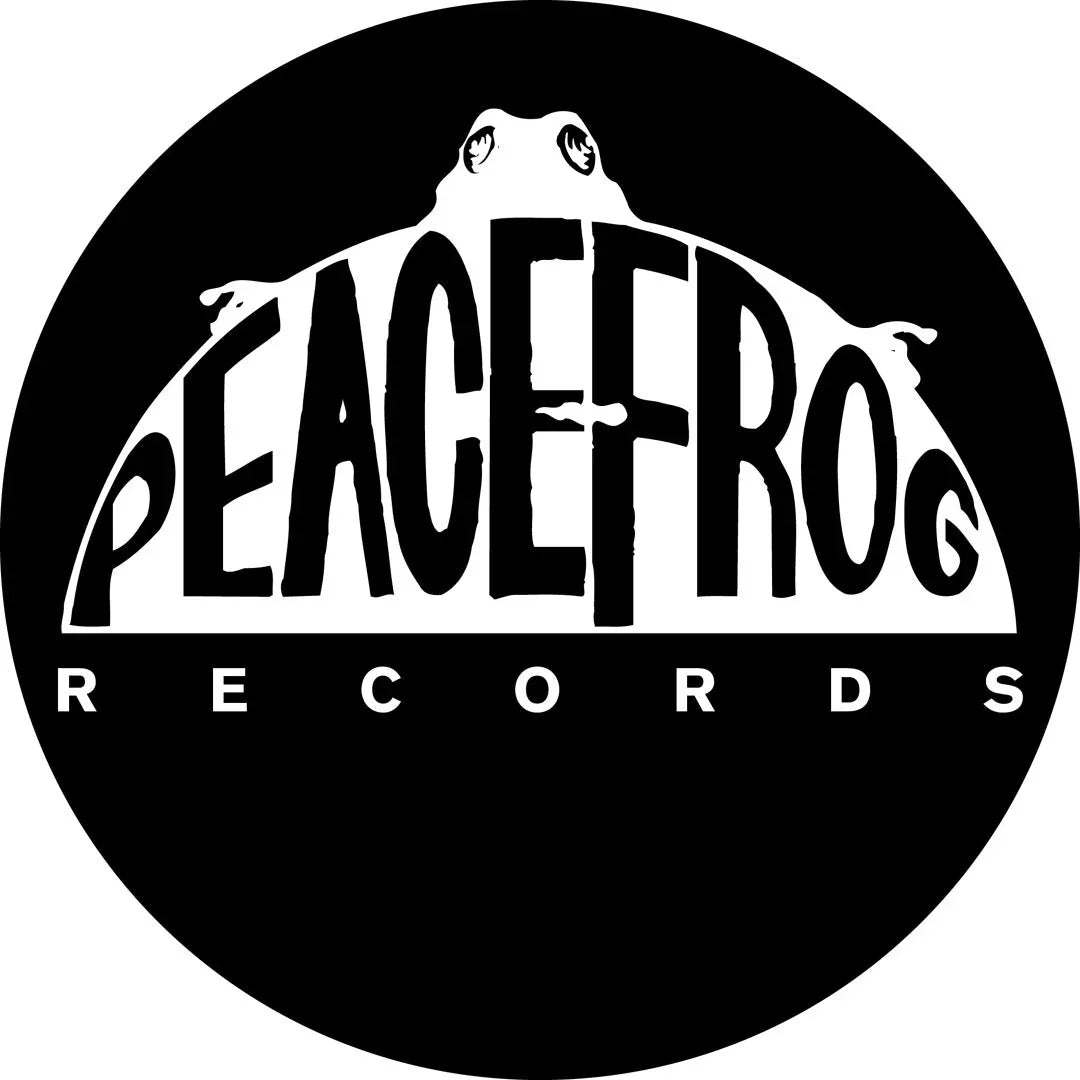 Peacefrog Records logo in black and white with stylized frog illustration