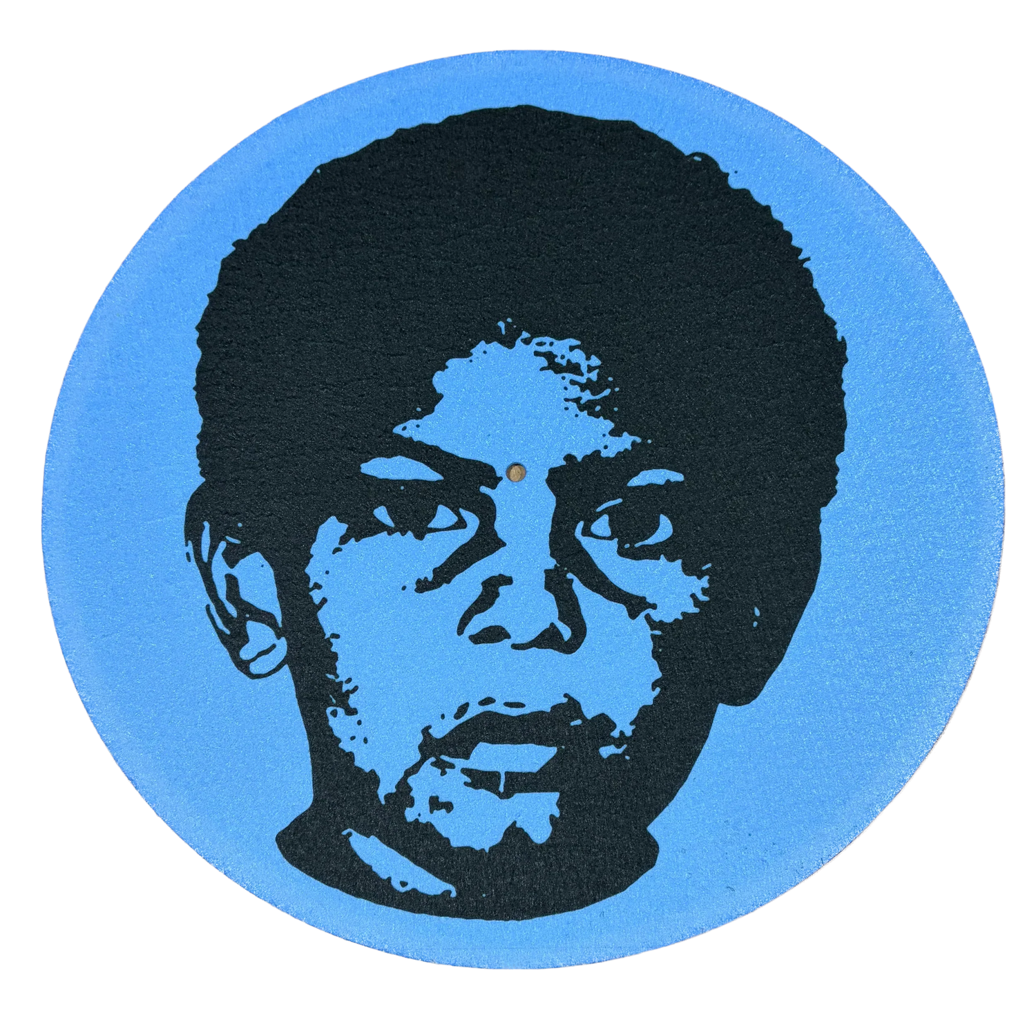 Blue turntable slipmat featuring black stencil-style portrait of a young boy, vinyl accessory