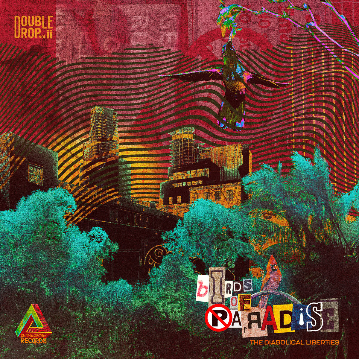 Colorful urban collage with hummingbird, cardinal bird, city skyline, and trees in vibrant red and green