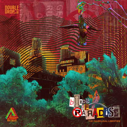 Colorful urban collage with hummingbird, cardinal bird, city skyline, and trees in vibrant red and green