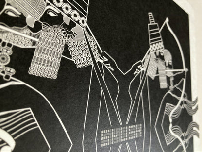 Black and white graphic depicting ancient warriors with detailed armor and bows on dark background