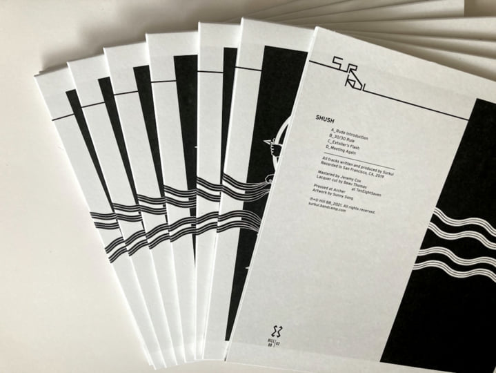 Stack of vinyl record sleeves with black and white graphic design and tracklist for album 'SHUSH' by Surkul