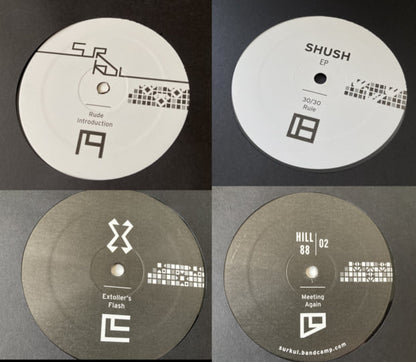 Four vinyl records with minimalist black and white labels featuring titles Rude Introduction, SHUSH EP, Extoller's Flash, and Meeting Again
