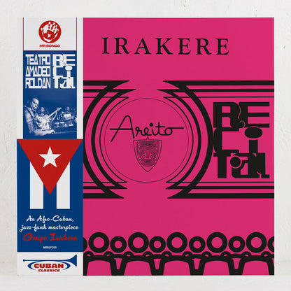 Grupo Irakere Areito album cover with pink background, abstract black art, and Cuban flag label
