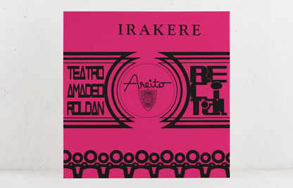 Pink album cover with black geometric designs and text Irakere Teatro Amadeo Roldan Areito Recital