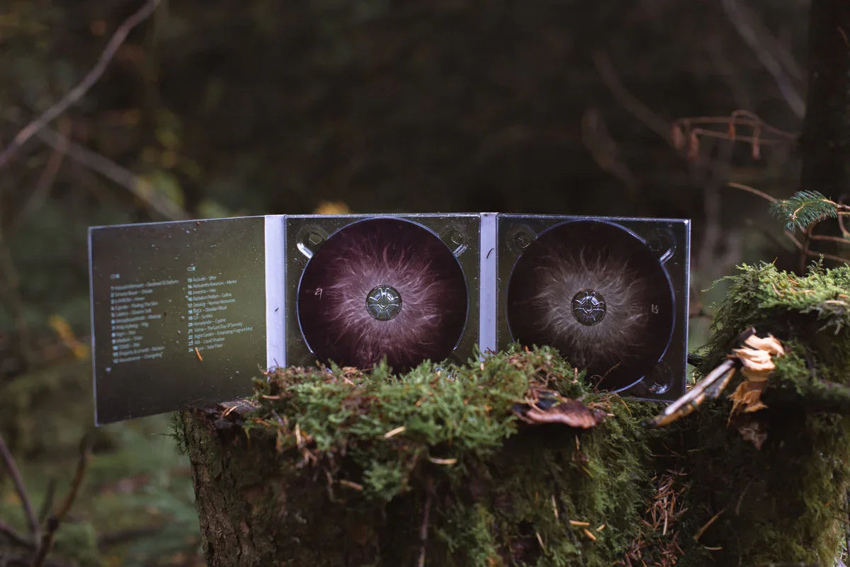 Open CD case with two discs featuring abstract designs, displayed on mossy tree stump in forest