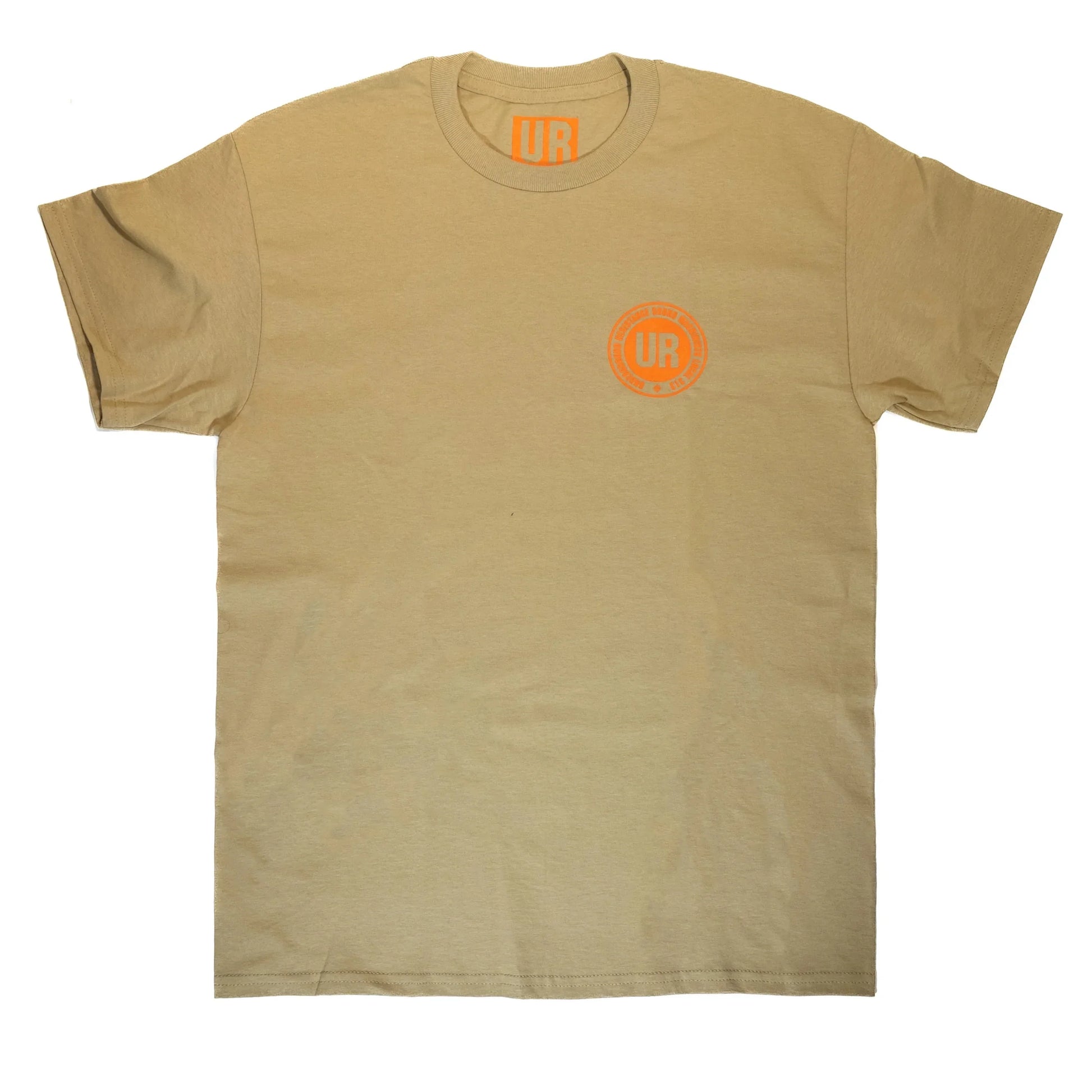 Beige t-shirt with orange UR logo graphic on left chest and inner collar, short sleeves