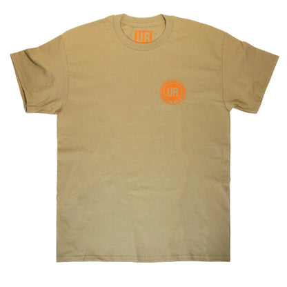 Beige t-shirt with orange UR logo graphic on left chest and inner collar, short sleeves