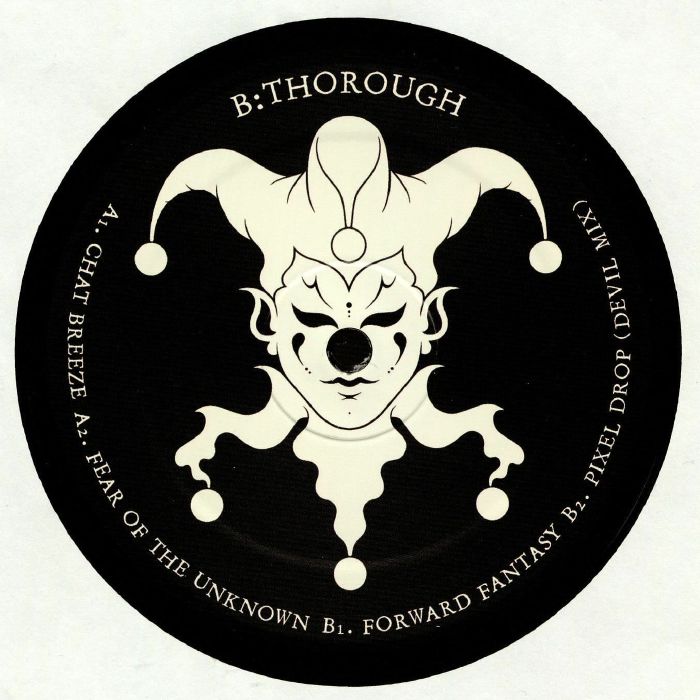Black and white B:THOROUGH vinyl record label with jester face and track titles around edge