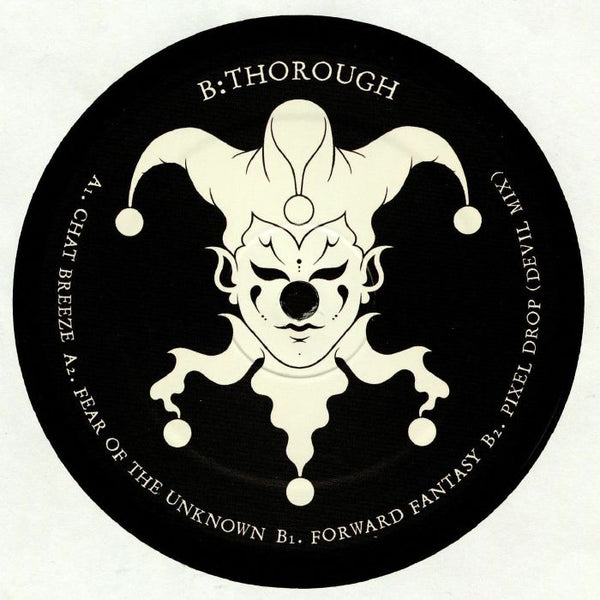 Black and white B:THOROUGH vinyl record label with jester face and track titles around edge