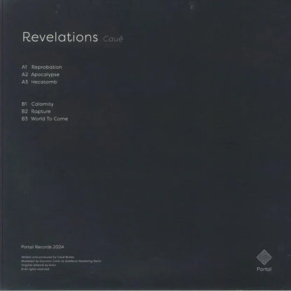 Back cover of Caue's Revelations vinyl record with dark minimal design and tracklist.