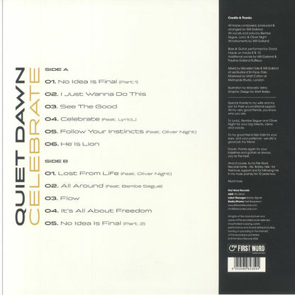 Quiet Dawn Celebrate album back cover with tracklist, credits, and barcode in black and white design