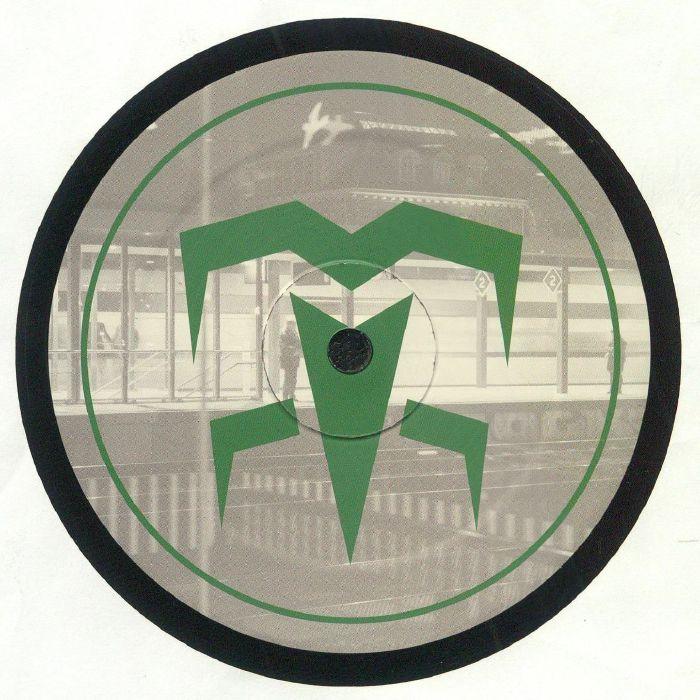 Vinyl record with green geometric logo and urban train station background, electronic music