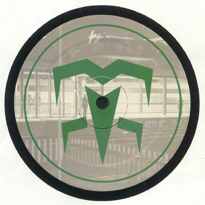 Vinyl record with green geometric logo and urban train station background, electronic music