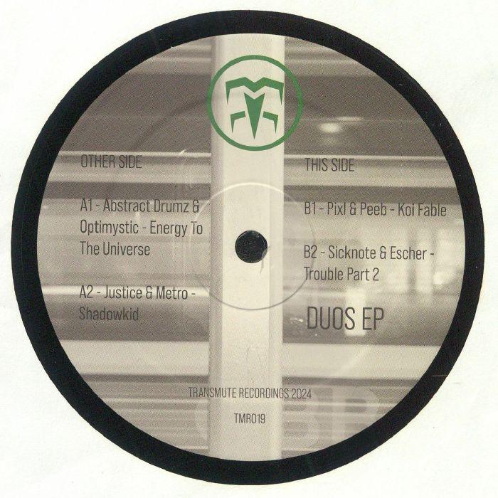 Duos EP vinyl record label featuring tracklist, abstract logo, Transmute Recordings 2024
