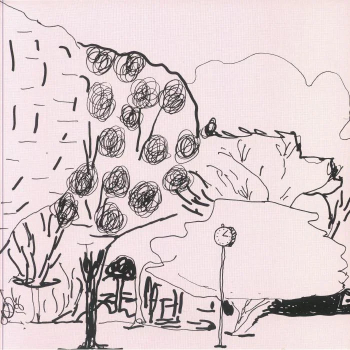 Hand-drawn city park scene with trees, a clock, and minimalist black line art.
