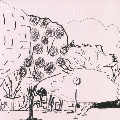 Hand-drawn city park scene with trees, a clock, and minimalist black line art.