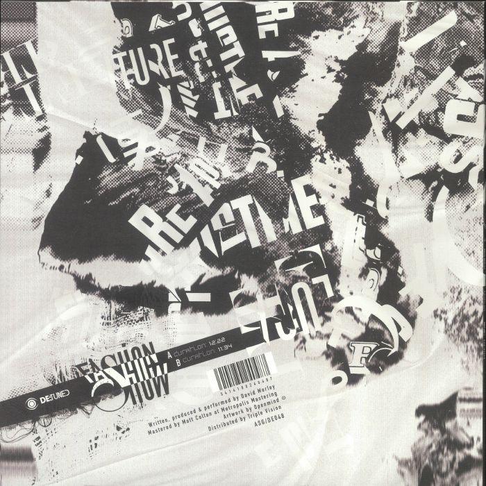 Abstract black and white vinyl record cover with layered, distorted text and barcode.