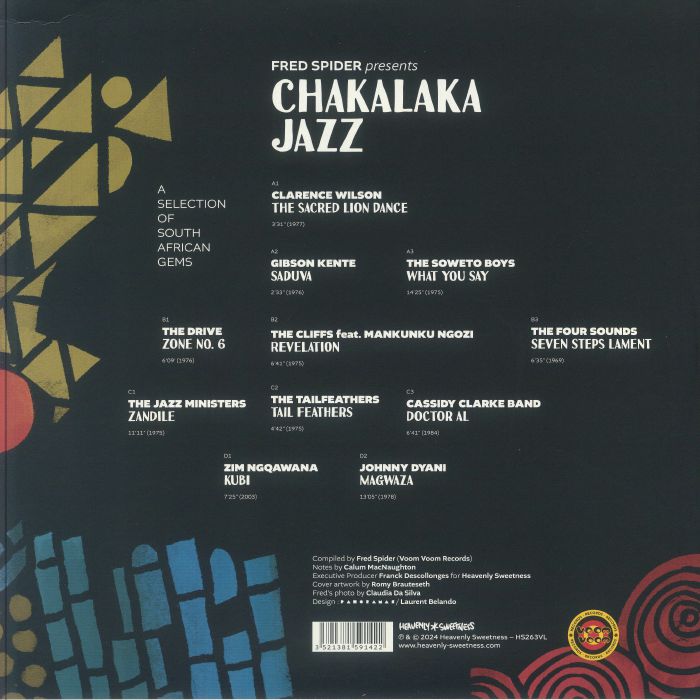 Chakalaka Jazz album back cover featuring a selection of South African jazz tracks with geometric African art patterns