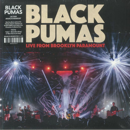 Black Pumas live on stage at Brooklyn Paramount with bright stage lights and large crowd