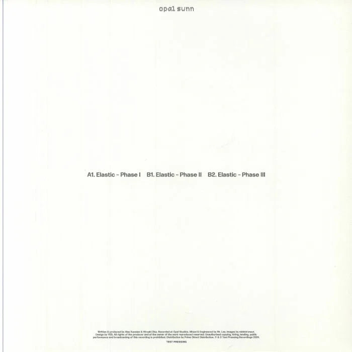 Minimalist white vinyl record sleeve with text listing Elastic Phase I, II, III track titles.