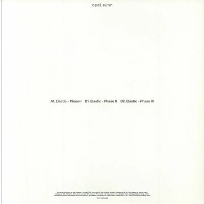 Minimalist white vinyl record sleeve with text listing Elastic Phase I, II, III track titles.
