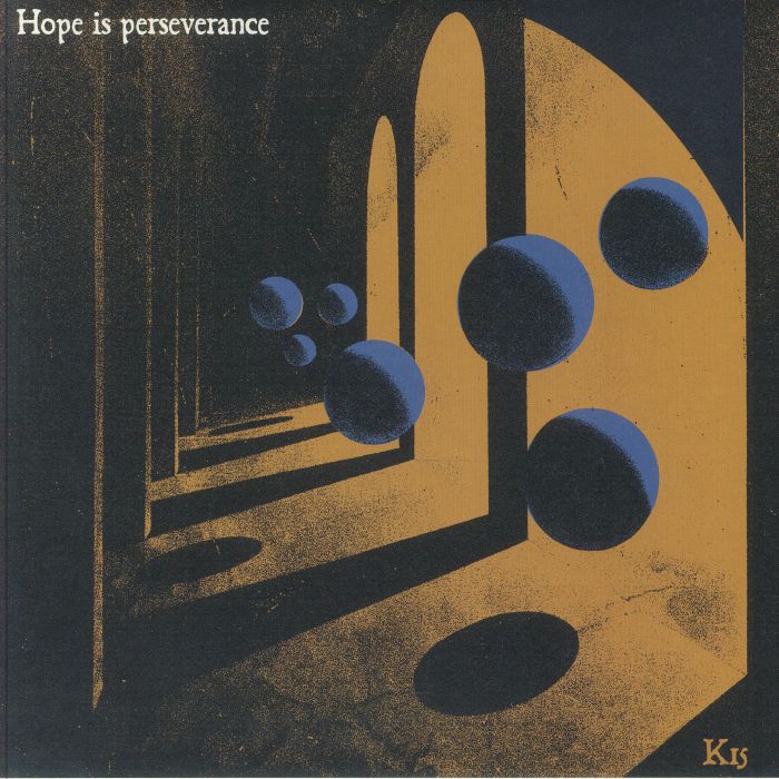 Abstract art of floating blue spheres casting shadows in orange arched hallway with text 'Hope is perseverance'