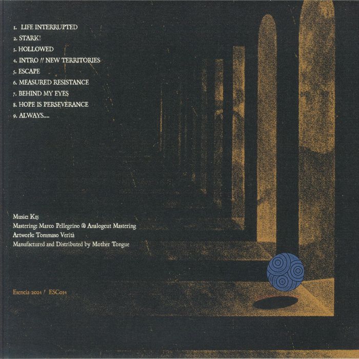 Dark abstract corridor with tall pillars casting long shadows and a blue patterned sphere on the floor