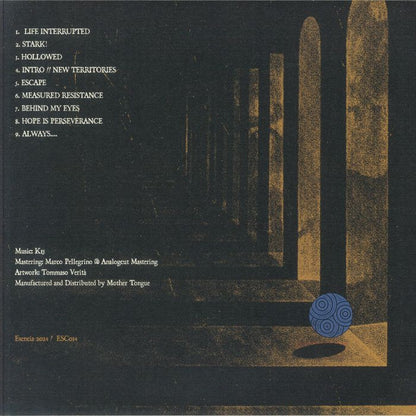 Dark abstract corridor with tall pillars casting long shadows and a blue patterned sphere on the floor