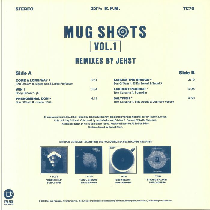 Vinyl record sleeve of Mug Shots Vol.1 with remixes by Jehst, tracklist and artist credits