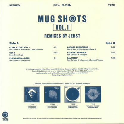 Vinyl record sleeve of Mug Shots Vol.1 with remixes by Jehst, tracklist and artist credits