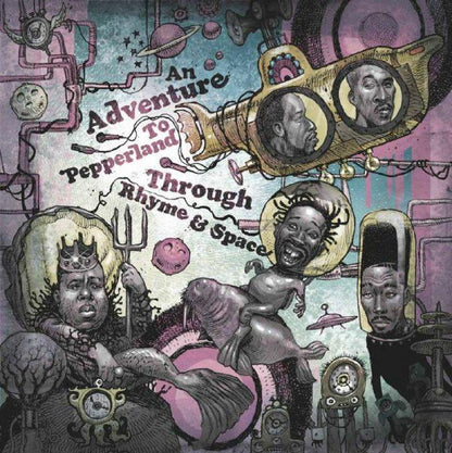 Surreal spaceship and underwater-themed artwork with caricatures of men and text An Adventure to Pepperland Through Rhyme & Space
