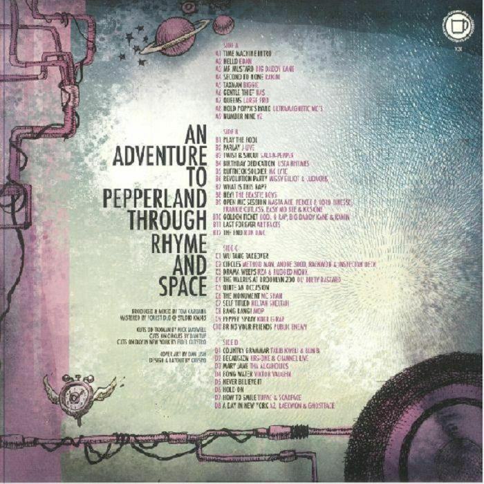 Vintage hip hop album back cover titled An Adventure to Pepperland Through Rhyme and Space with track list and retro graphics
