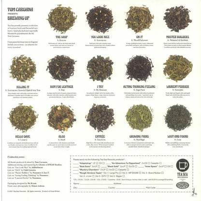 Album back cover with loose herbal tea blends, tracklist, and artist credits displayed in rows.