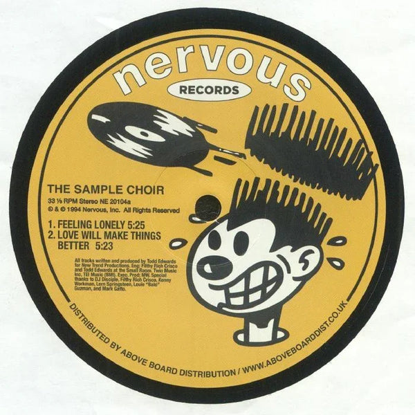 Nervous Records vinyl label for The Sample Choir, cartoon graphic, tracklist visible
