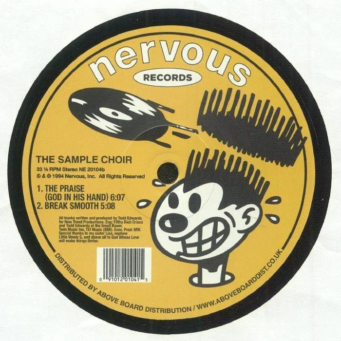 Nervous Records vinyl label for The Sample Choir, yellow cartoon face, song titles visible.