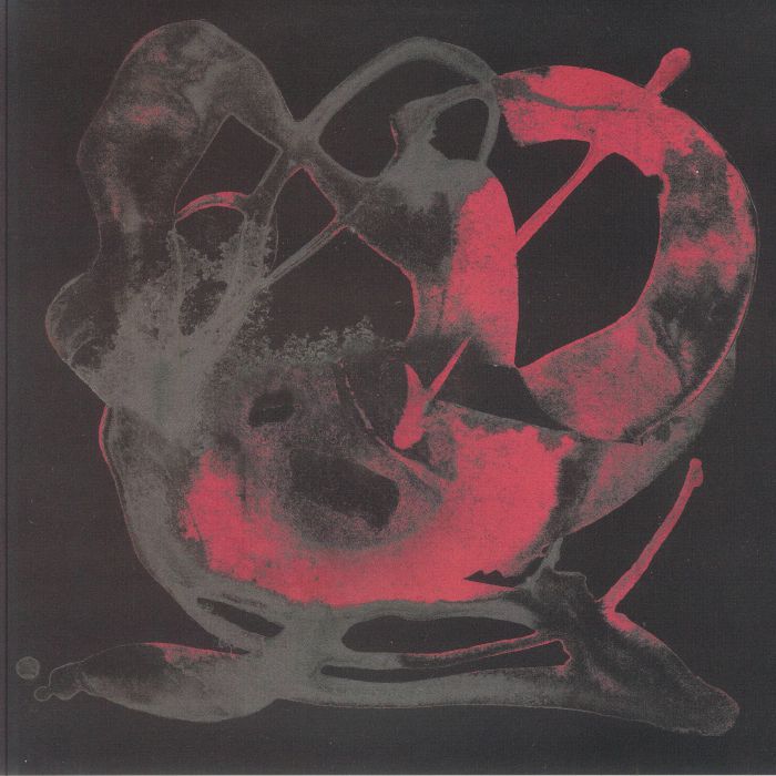 Abstract dark artwork with swirling red and gray shapes on black background