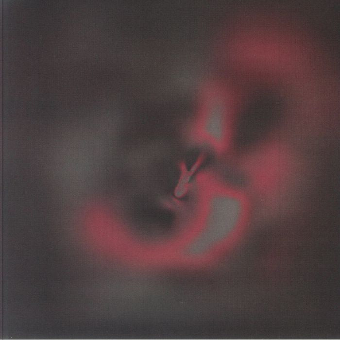 Abstract dark digital artwork with red and gray swirling shapes and blurred forms