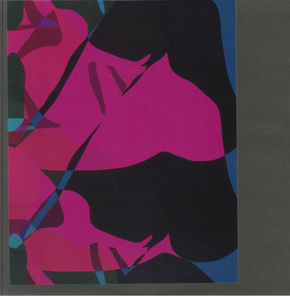 Abstract psychedelic art with vibrant pink, blue, and black overlapping shapes on dark background