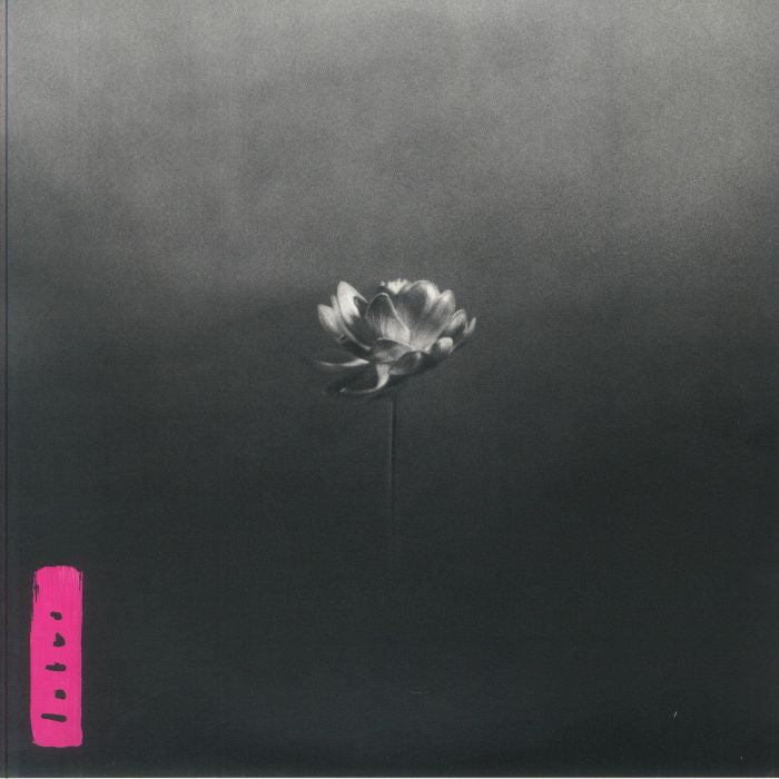 Monochrome artwork of a single lotus flower with a soft smoky background and a pink vertical Japanese Kanji seal