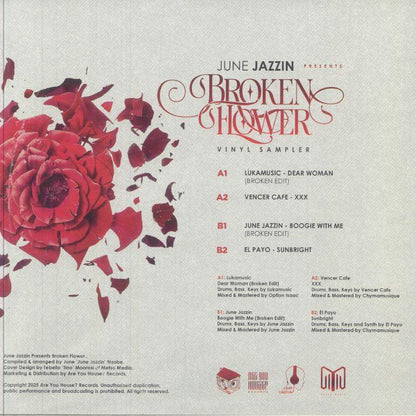 Broken Flower vinyl sampler cover with red rose illustration and tracklist details