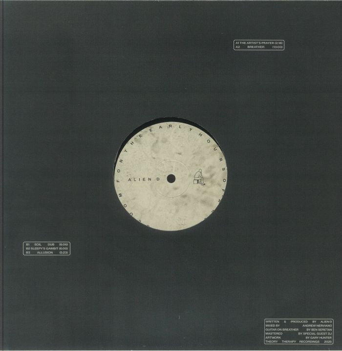 Minimalist black vinyl record sleeve with central beige label reading Alien D and track titles for ambient music