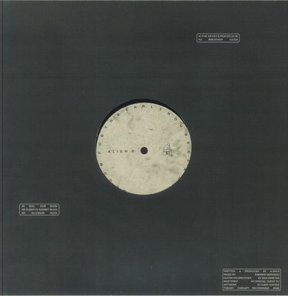 Minimalist black vinyl record sleeve with central beige label reading Alien D and track titles for ambient music