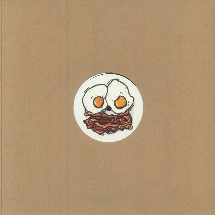 Cartoon breakfast plate with two sunny-side-up eggs and crispy bacon on brown background