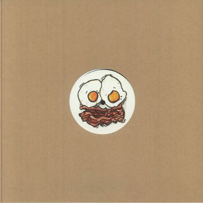 Cartoon breakfast plate with two sunny-side-up eggs and crispy bacon on brown background