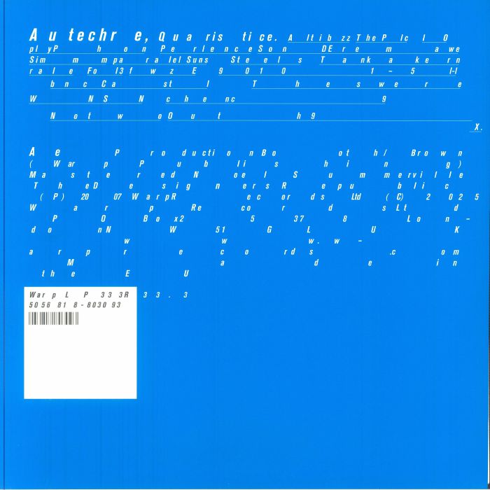 Back cover of a blue vinyl record sleeve Warplp 33 3R with white barcode and small white text