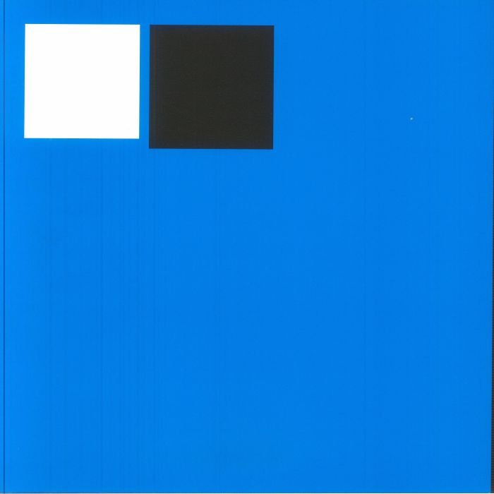Blue background with two adjacent squares, one white and one black, positioned near the top left