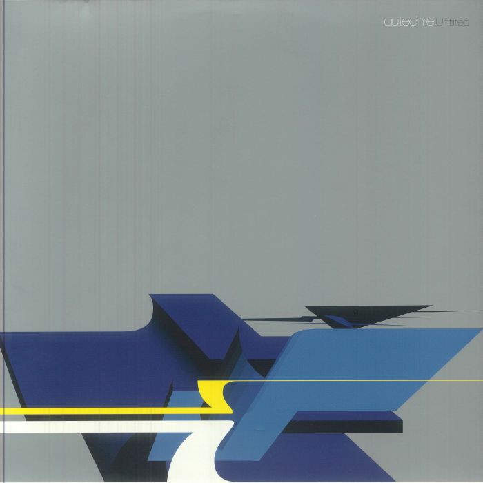 Abstract geometric design with blue, black, white, and yellow shapes on gray background